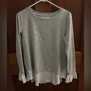 LOFT Gray Striped Sweatshirt with White Ruffle